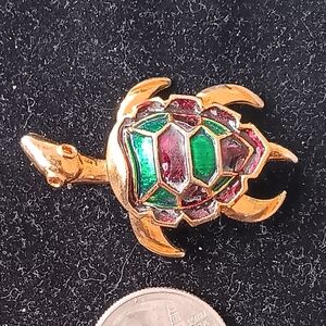 Gold-Tone Turtle Brooch with Green and Red Enamel